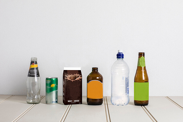 line up of various beverage containers