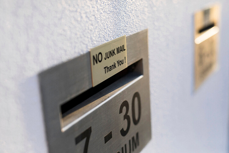 No Junk Mail sign affixed to a letterbox