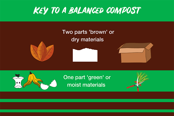 Graphic for key to compost ratio: two parts brown material to one part green