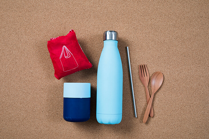 reusable bottle, cup, cutlery, bag and straw