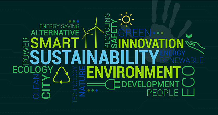 graphic made up of various words related to sustainability: smart, innovation, environment, eco, ecology, green, alternative, power