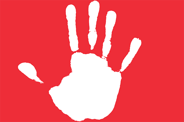 graphic of a white hand print on a red background