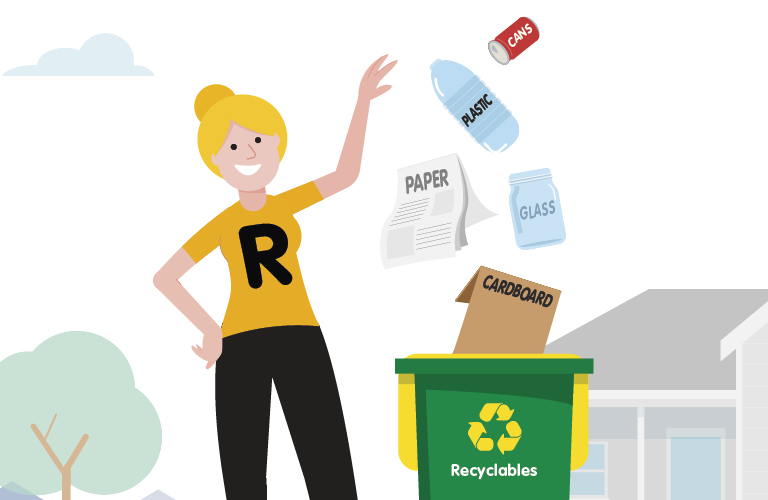 Woman with an 'R' (for recycling) on her shirt recycling paper, cardboard, an aluminium can, plastic and glass in her kerbside recycling bin